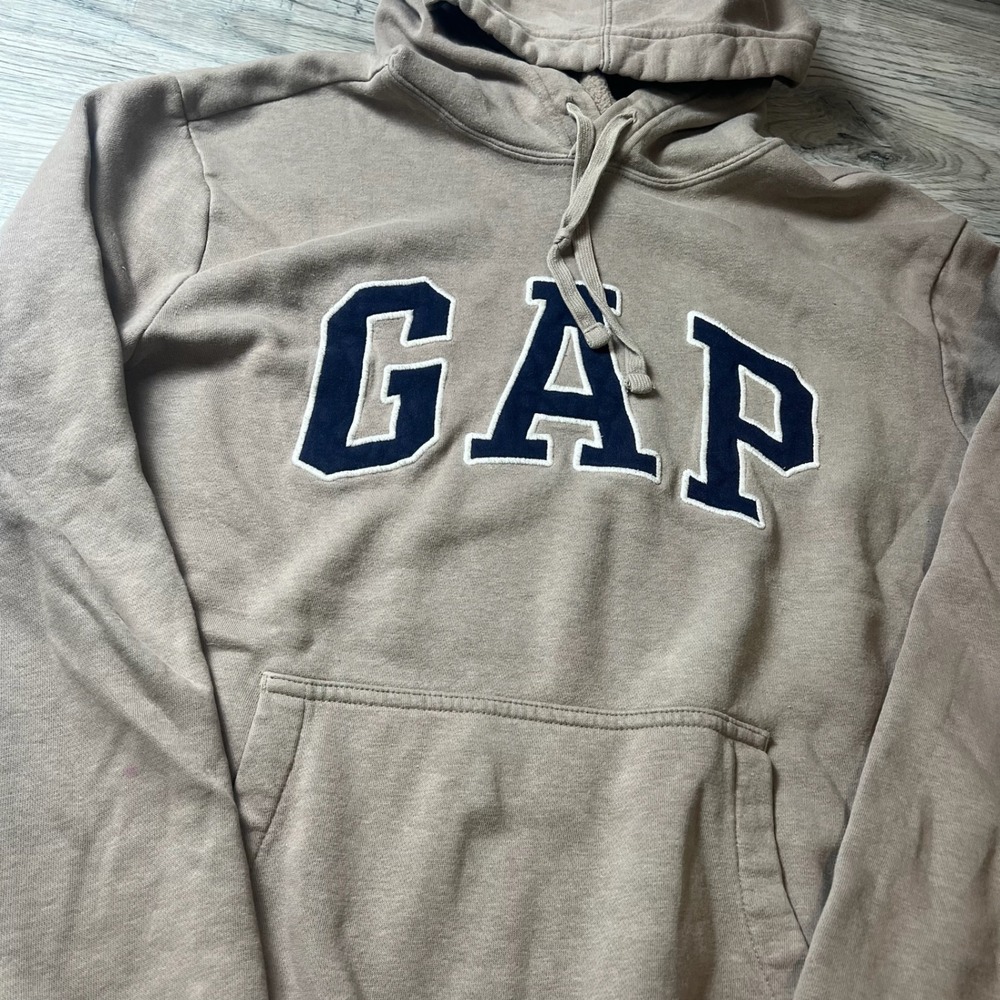 GAP Hoodie Mens L Tan Navy Blue Arch Logo Pullover Fleece Sweatshirt M64 - Picture 2 of 7